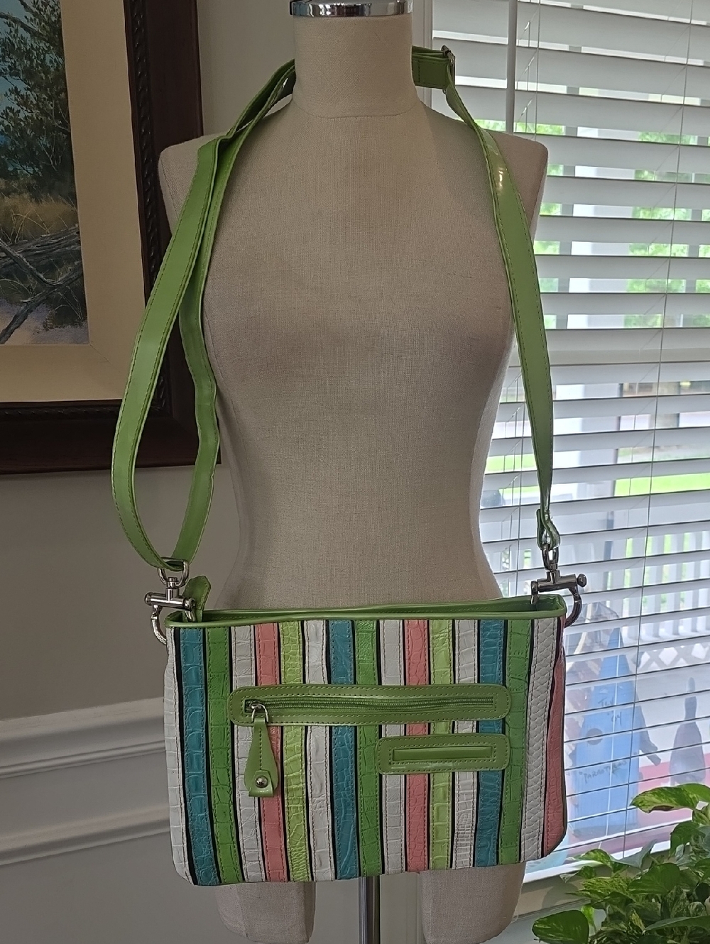 Striped Multicolor Crossbody Bag in Green and Pastel Stripes